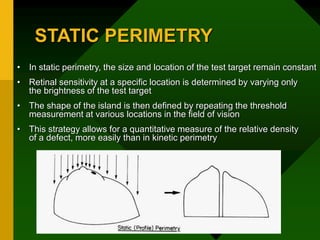 STATIC PERIMETRY
• In static perimetry, the size and location of the test target remain constant
• Retinal sensitivity at a specific location is determined by varying only
the brightness of the test target
• The shape of the island is then defined by repeating the threshold
measurement at various locations in the field of vision
• This strategy allows for a quantitative measure of the relative density
of a defect, more easily than in kinetic perimetry
 