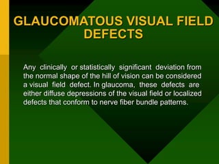 GLAUCOMATOUS VISUAL FIELD
DEFECTS
Any clinically or statistically significant deviation from
the normal shape of the hill of vision can be considered
a visual field defect. In glaucoma, these defects are
either diffuse depressions of the visual field or localized
defects that conform to nerve fiber bundle patterns.
 