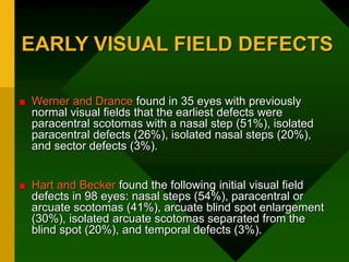 EARLY VISUAL FIELD DEFECTS
Werner and Drance found in 35 eyes with previously
normal visual fields that the earliest defects were
paracentral scotomas with a nasal step (51%), isolated
paracentral defects (26%), isolated nasal steps (20%),
and sector defects (3%).
Hart and Becker found the following initial visual field
defects in 98 eyes: nasal steps (54%), paracentral or
arcuate scotomas (41%), arcuate blind spot enlargement
(30%), isolated arcuate scotomas separated from the
blind spot (20%), and temporal defects (3%).
 