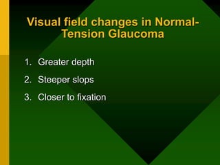 Visual field changes in Normal-
Tension Glaucoma
1. Greater depth
2. Steeper slops
3. Closer to fixation
 