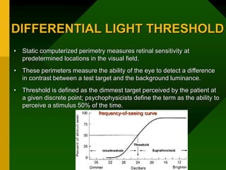 DIFFERENTIAL LIGHT THRESHOLD
• Static computerized perimetry measures retinal sensitivity at
predetermined locations in the visual field.
• These perimeters measure the ability of the eye to detect a difference
in contrast between a test target and the background luminance.
• Threshold is defined as the dimmest target perceived by the patient at
a given discrete point; psychophysicists define the term as the ability to
perceive a stimulus 50% of the time.
frequency-of-seeing curve
 