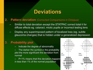 Deviations
2. Pattern deviation (Corrected Comparisons in Octopus)
– Similar to total deviation except the STATPAC correct total it for
diffuse effects eg. cataract, miotic pupils or incorrect testing lens
– Display any superimposed pattern of localized loss (eg. subtle
glaucoma changes) that is hidden under a generalized depression
3. Probability plot
– Indicate the degree of abnormality
– The darker the symbol in the probability
plot the more significant the deviation from
normal
– P<1% means that this deviation happens
in less than 1% of the normal population
 