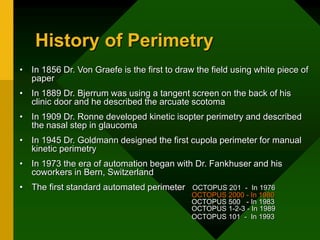 History of Perimetry
• In 1856 Dr. Von Graefe is the first to draw the field using white piece of
paper
• In 1889 Dr. Bjerrum was using a tangent screen on the back of his
clinic door and he described the arcuate scotoma
• In 1909 Dr. Ronne developed kinetic isopter perimetry and described
the nasal step in glaucoma
• In 1945 Dr. Goldmann designed the first cupola perimeter for manual
kinetic perimetry
• In 1973 the era of automation began with Dr. Fankhuser and his
coworkers in Bern, Switzerland
• The first standard automated perimeter OCTOPUS 201 - In 1976
OCTOPUS 2000 - In 1980
OCTOPUS 500 - In 1983
OCTOPUS 1-2-3 - In 1989
OCTOPUS 101 - In 1993
 