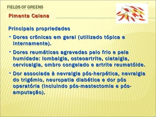 Pimenta Caiena Principais propriedades Dores crônicas em geral (utilizado tópica e internamente).  Dores reumáticas agravadas pelo frio e pela humidade: lombalgia, osteoartrite, ciatalgia, cervicalgia, ombro congelado e artrite reumatóide.  Dor associada à nevralgia pós-herpética, nevralgia do trigémio, neuropatia diabética e dor pós operatória (incluindo pós-mastectomia e pós-amputação). 