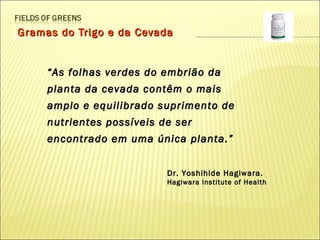 Gramas do Trigo e da Cevada “ As folhas verdes do embrião da planta da cevada contêm o mais amplo e equilibrado suprimento de nutrientes possíveis de ser encontrado em uma única planta.” Dr. Yoshihide Hagiwara. Hagiwara Institute of Health 