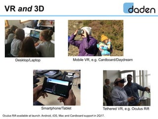 VR and 3D
Desktop/Laptop
Smartphone/Tablet
Mobile VR, e.g. Cardboard/Daydream
Tethered VR, e.g. Oculus Rift
Oculus Rift av...