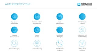 WHAT INTERESTS YOU?
Instant Messaging
Visit
Management
Collaborate with
Team Members
Oﬄine Mode
and More
Expense
Reimbursement
Activity Report
Logging
Custom
Forms
Attendance
Management
Customer Address
Management
Dashboard
& Insights
Location Tracking Turn-By-Turn
Navigation
 