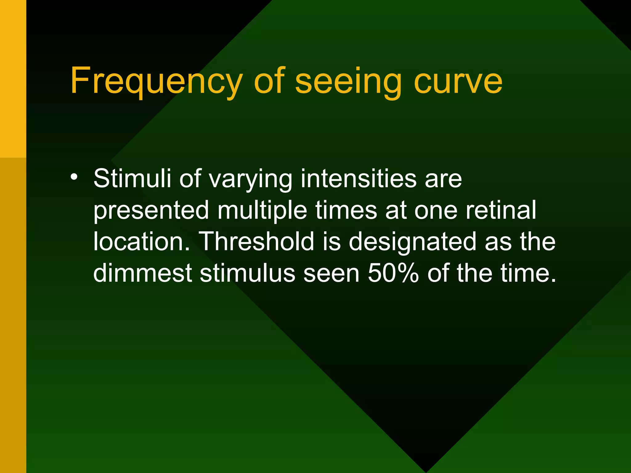 Frequency of seeing curve Stimuli of varying intensities are presented multiple times at one retinal location. Threshold is designated as the dimmest stimulus seen 50% of the time. 