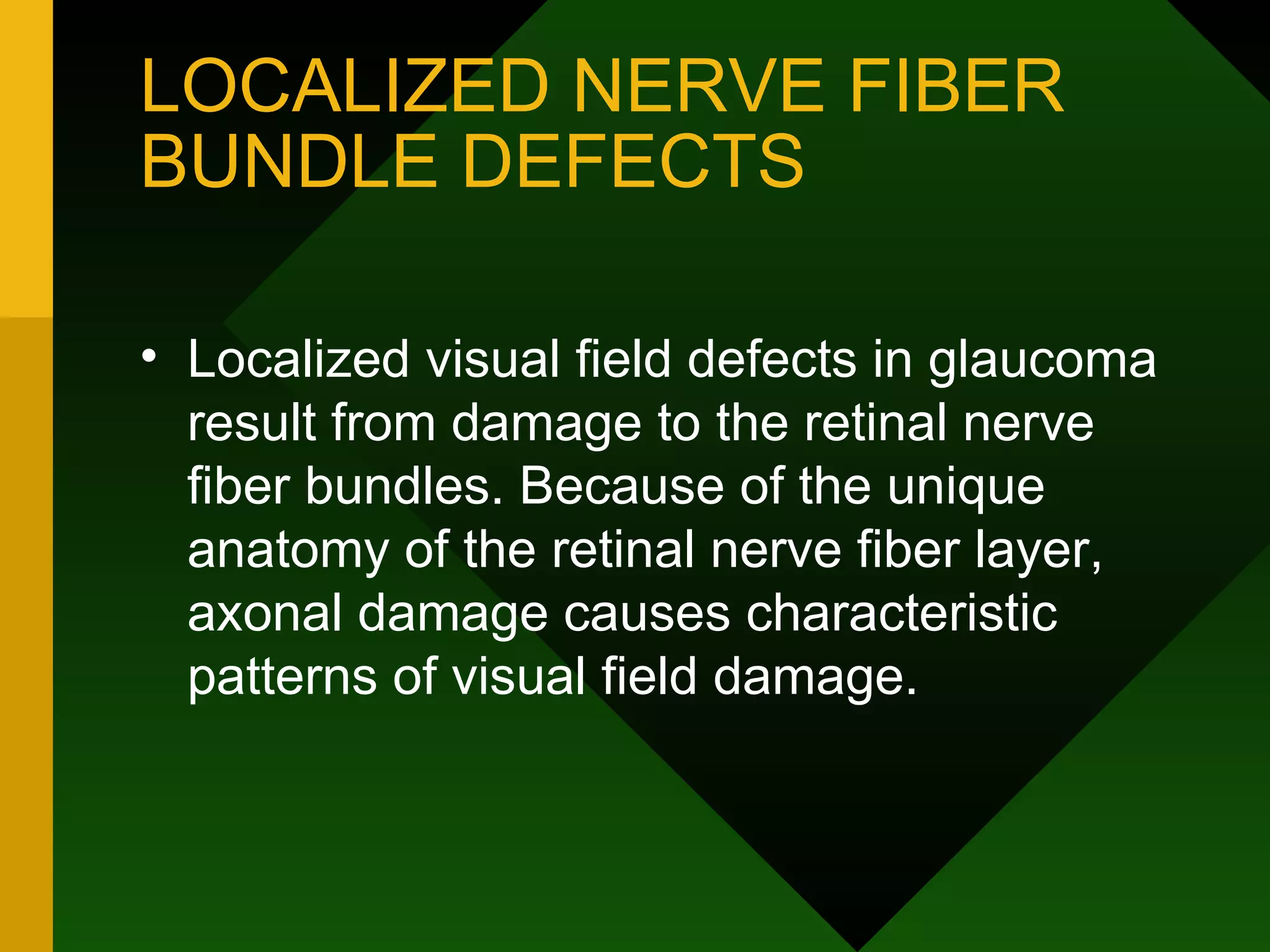 LOCALIZED NERVE FIBER BUNDLE DEFECTS Localized visual field defects in glaucoma result from damage to the retinal nerve fiber bundles. Because of the unique anatomy of the retinal nerve fiber layer, axonal damage causes characteristic patterns of visual field damage. 