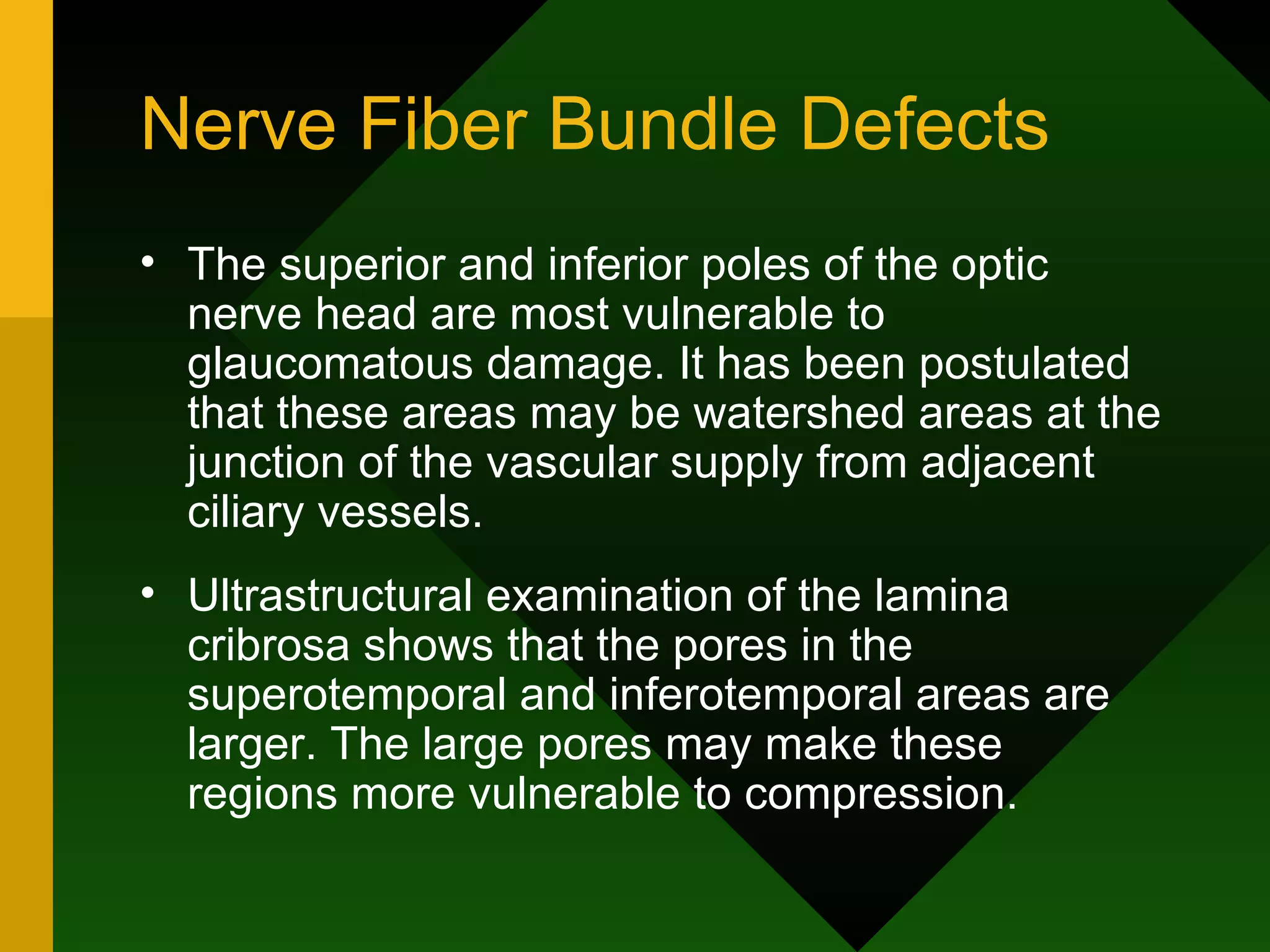 Nerve Fiber Bundle Defects The superior and inferior poles of the optic nerve head are most vulnerable to glaucomatous damage. It has been postulated that these areas may be watershed areas at the junction of the vascular supply from adjacent ciliary vessels. Ultrastructural examination of the lamina cribrosa shows that the pores in the superotemporal and inferotemporal areas are larger. The large pores may make these regions more vulnerable to compression. 