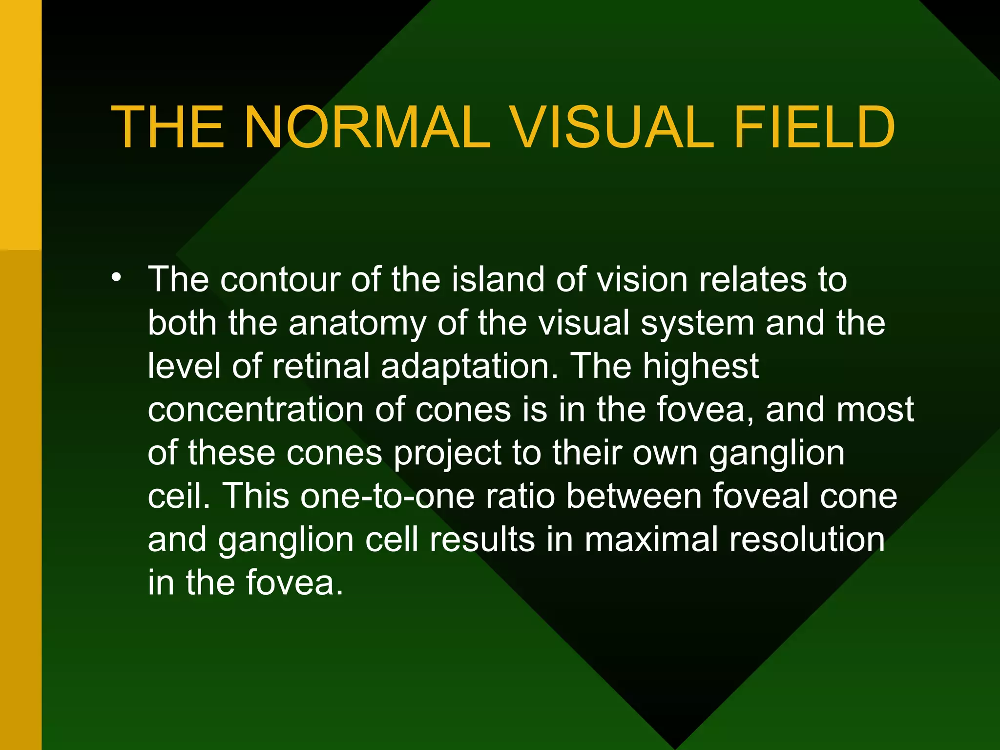 THE NORMAL VISUAL FIELD The contour of the island of vision relates to both the anatomy of the visual system and the level of retinal adaptation. The highest concentration of cones is in the fovea, and most of these cones project to their own ganglion ceil. This one-to-one ratio between foveal cone and ganglion cell results in maximal resolution in the fovea. 