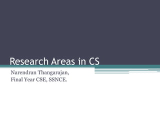 Research Areas in CS
Narendran Thangarajan,
Final Year CSE, SSNCE.
 