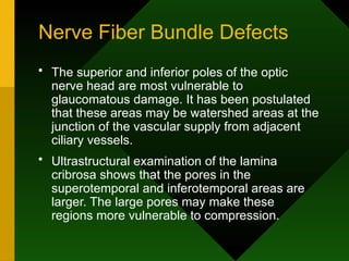 Nerve Fiber Bundle Defects
• The superior and inferior poles of the optic
nerve head are most vulnerable to
glaucomatous damage. It has been postulated
that these areas may be watershed areas at the
junction of the vascular supply from adjacent
ciliary vessels.
• Ultrastructural examination of the lamina
cribrosa shows that the pores in the
superotemporal and inferotemporal areas are
larger. The large pores may make these
regions more vulnerable to compression.
 