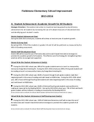 Fieldstone Elementary School Improvement
2015-2016
A: Student Achievement: Academic Growth for All Students
Strategic Direction: Personalize instruction to maximize learning growth and proficiency
achievement for all students by increasing the use of multiple measures of educational data
and identifying each student’s needs.
District Student Achievement Goal:
During the 2014-2015 school year, students will achieve at least one year of academic growth.
District Q-Comp Goal:
By spring 2015, 72% of the students in grades 3-8 and 10 will be proficient as measured by the
MCA-III Reading assessment.
District Staff Development Goal:
District 885 will increase the use of formative data and research-based intervention strategies to
promote the academic growth of all students. The effective use of technology for strengthening these
practices will be encouraged and supported.
School Wide Site Student Achievement Goal(s):
During the 2014-2015 school year, 88% of first grade students were at a Level I as measured by
Literacy by Design Benchmarking Kit. During the 2015-2016 school year, 89% of first grade students will
be reading at Level I as measured by Literacy by Design Benchmarking Kit.
During the 2014-2015 school year, 80.8% of second through fourth grade students made their
targeted growth in the areas of reading and math based on NWEA data. During the 2015-2016 school
year, 82% of second through fourth grade students will make targeted growth in the areas of reading
and math based on NWEA data.
During the 2014-2015 school year, 69.8% of third and fourth grade students were proficient in
reading as measured by the Reading MCA III. During the 2015-2016 school year, 73% of third and fourth
grade students will be proficient in reading as measured by the Reading MCA III.
(Use a check mark to indicate the School Wide Student Achievement Goal connected to Q-Comp.)
School Wide Site Student Achievement Staff Development Goal(s):
During the 2015-2016 school year, 100% of Fieldstone Elementary staff will increase the use of
formative data and research-based intervention strategies to promote the academic growth of all
students.
(Use a check mark to indicate the School Wide Staff Development Goal connected to Q-Comp.)
 