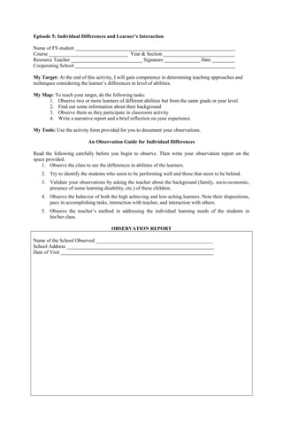 Episode 5: Individual Differences and Learner’s Interaction
Name of FS student _______________________________________________________________
Course _______________________________ Year & Section ____________________________
Resource Teacher ____________________________ Signature ______________ Date _________
Cooperating School _______________________________________________________________
My Target: At the end of this activity, I will gain competence in determining teaching approaches and
techniques considering the learner’s differences in level of abilities.
My Map: To reach your target, do the following tasks:
1. Observe two or more learners of different abilities but from the same grade or year level.
2. Find out some information about their background
3. Observe them as they participate in classroom activity
4. Write a narrative report and a brief reflection on your experience.
My Tools: Use the activity form provided for you to document your observations.
An Observation Guide for Individual Differences
Read the following carefully before you begin to observe. Then write your observation report on the
space provided.
1. Observe the class to see the differences in abilities of the learners.
2. Try to identify the students who seem to be performing well and those that seem to be behind.
3. Validate your observations by asking the teacher about the background (family, socio-economic,
presence of some learning disability, etc.) of these children.
4. Observe the behavior of both the high achieving and low-aching learners. Note their dispositions,
pace in accomplishing tasks, interaction with teacher, and interaction with others.
5. Observe the teacher’s method in addressing the individual learning needs of the students in
his/her class.
OBSERVATION REPORT
Name of the School Observed ______________________________________________
School Address __________________________________________________________
Date of Visit ____________________________________________________________
 