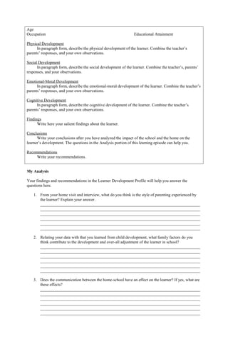 Age
Occupation Educational Attainment
Physical Development
In paragraph form, describe the physical development of the learner. Combine the teacher’s
parents’ responses, and your own observations.
Social Development
In paragraph form, describe the social development of the learner. Combine the teacher’s, parents’
responses, and your observations.
Emotional-Moral Development
In paragraph form, describe the emotional-moral development of the learner. Combine the teacher’s
parents’ responses, and your own observations.
Cognitive Development
In paragraph form, describe the cognitive development of the learner. Combine the teacher’s
parents’ responses, and your own observations.
Findings
Write here your salient findings about the learner.
Conclusions
Write your conclusions after you have analyzed the impact of the school and the home on the
learner’s development. The questions in the Analysis portion of this learning episode can help you.
Recommendations
Write your recommendations.
My Analysis
Your findings and recommendations in the Learner Development Profile will help you answer the
questions here.
1. From your home visit and interview, what do you think is the style of parenting experienced by
the learner? Explain your answer.
______________________________________________________________________________
______________________________________________________________________________
______________________________________________________________________________
______________________________________________________________________________
______________________________________________________________________________
______________________________________________________________________________
2. Relating your data with that you learned from child development, what family factors do you
think contribute to the development and over-all adjustment of the learner in school?
______________________________________________________________________________
______________________________________________________________________________
______________________________________________________________________________
______________________________________________________________________________
______________________________________________________________________________
______________________________________________________________________________
3. Does the communication between the home-school have an effect on the learner? If yes, what are
these effects?
______________________________________________________________________________
______________________________________________________________________________
______________________________________________________________________________
______________________________________________________________________________
______________________________________________________________________________
______________________________________________________________________________
 
