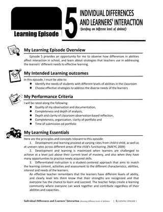 /jikm
My Learning Episode Overview
Episode 5 provides an opportunity for me to observe how differences in abilities
affect interaction in school, and learn about strategies that teachers use in addressing
the learners’ different needs to effective learning.
My Intended Learning outcomes
In this episode, I must be able to:
 Identify the needs of students with different levels of abilities in the classroom
 Choose effective strategies to address the diverse needs of the learners
My Performance Criteria
I will be rated along the following:
 Quality of my observation and documentation,
 Completeness and depth of analysis,
 Depth and clarity of classroom observation-based reflection,
 Completeness, organization, clarity of portfolio and
 Time of submission od portfolio
My Learning Essentials
Here are the principles and concepts relevant to this episode:
1. Development and learning proceed at varying rates from child ti child, as well as
at uneven rates across different areas of the child’s functioning. (NAEYC 2009)
2. Development and learning is maximized when learners are challenged to
achieve at a level just above their current level of mastery, and also when they have
many opportunities to practice newly acquired skills.
3. Differentiated instruction is a student-centered approach that aims to match
the learning content, activities and assessment to the different characteristics, abilities,
interest and needs of the learners.
An effective teacher remembers that the learners have different levels of ability,
and clearly level lets them know that their strengths are recognized and that
everyone has the chance to learn and succeed. The teacher helps create a learning
community where everyone can work together and contribute regardless of their
abilities and capacities.
Individual Differences and Learners’ Interaction (focusing different levels of abilities) | LEARNING EPISODE 5
FS 1
FIELD STUDY
Learning Episode
(focusing on different level of abilities)
 