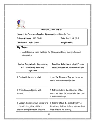 20
My Tools
1. As I observe a class, I will use the Observation Sheet for more focused
observation.
Guiding Principles in Determining
and Formulating Learning
Objectives
Teaching Behaviour/s which Prove/s
Observance of the Guiding Principle
1. Begin with the end in mind 1. e.g. The Resource Teacher began her
lesson by stating her objective.
2. Share lesson objective with
students
2. Tell the students the objectives of the
lesson; tell them the reason why they need
to learn those things.
3. Lesson objectives must be in 2 or 3
domain – cognitive, skill and
effective or cognitive and affective
3. Teacher should be applied the three
domains so that the students can use their
three domains for learning.
OBSERVATION SHEET
Name of the Resource Teacher Observed: Mrs. Dawn De Asis
School Address: UPHSD-LP Date: March 09, 2015
Grade/ Year Level: Kinder 1 Subject Area:
 