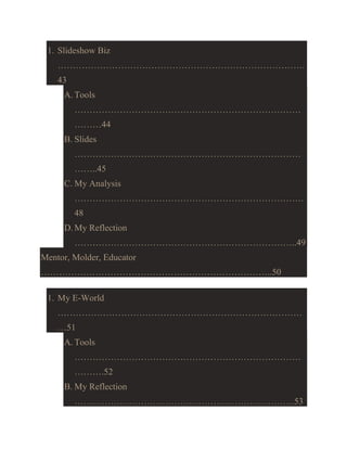 1. Slideshow Biz
……………………………………………………………………….
43
A. Tools
…………………………………………………………………
………44
B. Slides
…………………………………………………………………
……..45
C. My Analysis
………………………………………………………………….
48
D. My Reflection
………………………………………………………………..49
Mentor, Molder, Educator
…………………………………………………………………..50
1. My E-World
………………………………………………………………………
…51
A. Tools
…………………………………………………………………
……….52
B. My Reflection
……………………………………………………………….53

 