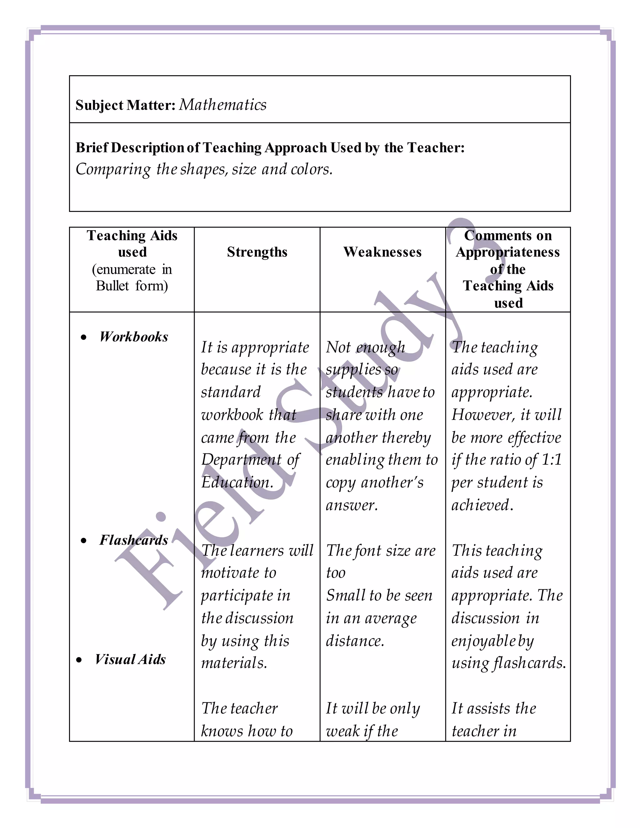 Subject Matter: Mathematics
Brief Descriptionof Teaching Approach Used by the Teacher:
Comparing the shapes, size and colors.
Teaching Aids
used
(enumerate in
Bullet form)
Strengths Weaknesses
Comments on
Appropriateness
of the
Teaching Aids
used
 Workbooks
 Flashcards
 Visual Aids
It is appropriate
because it is the
standard
workbook that
came from the
Department of
Education.
The learners will
motivate to
participate in
the discussion
by using this
materials.
The teacher
knows how to
Not enough
supplies so
students haveto
share with one
another thereby
enabling them to
copy another’s
answer.
The font size are
too
Small to be seen
in an average
distance.
It will be only
weak if the
The teaching
aids used are
appropriate.
However, it will
be more effective
if the ratio of 1:1
per student is
achieved.
This teaching
aids used are
appropriate. The
discussion in
enjoyableby
using flashcards.
It assists the
teacher in
 