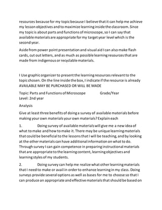 resources because for my topicbecause I believethat it can help me achieve
my lesson objectives and to maximize learninginside the classroom.Since
my topicis about parts and functions ofmicroscope, so I can say that
available materialsare appropriate formy target year level which is the
second year.
Aside from power point presentation and visual aid Ican also make flash
cards, cut out letters, and as much as possible learningresources that are
made from indigenous orrecyclable materials.
I Use graphicorganizer to present the learningresources relevant to the
topicchosen. On the line inside the box,I indicate if the resource is already
AVAILABLE MAY BE PURCHASED OR WILL BE MADE
Topic: Parts and Functions ofMicroscope Grade/Year
Level: 2nd year
Analysis
Give at least three benefits of doinga survey of available materials before
making yourown materials yourown materials?Explain each
1. Doing survey of available materialswill give me a new idea of
what to make and how to make it.There may be unique learningmaterials
that could be beneficial to the lessons that I will be teaching,and by looking
at the other materials can have additionalinformation on what to do.
Through survey I can gain competence in preparinginstructional materials
that are appropriate to the learningcontent,learningobjectives and
learningstyles of my students.
2. Doing survey can help me realize what other learningmaterials
that I need to make or avail in order to enhance learningin my class. Doing
surveys provide several options as well as bases for me to choose so that I
can produce an appropriate and effectivematerials that should be based on
 