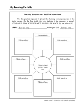 Field Study 3, Episode 4 – TECHNOLOGY IN THE LEARNING ENVIRONMENT
My Learning Portfolio
Learning Resources on a Specific Content Area
Use this graphic organizer to present the learning resources relevant to the
topic chosen. On the line inside the box, indicate if the resource is already
AVAILABLE, MAY BE PURCHASED, OR WILL BE MADE (by you, of course!)
TOPIC _______________________________ Grade/year level _______________
Specific Content
Area
Edit text here Edit text here
Edit text here
Edit text here
Edit text here Edit text here
Edit text here Edit text here
Edit text here Edit text here
Edit text here
 