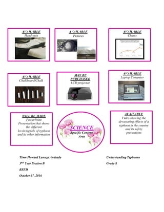 Timn Howard Lanuza Andrada Understanding Typhoons
3RD Year Section B Grade 8
BSED
October 07, 2016
AVAILABLE
Hand outs
AVAILABLE
Pictures
AVAILABLE
Charts
AVAILABLE
Laptop Computer
MAY BE
PURCHASED
LCD projector
AVAILABLE
Chalkboard/Chalk
AVAILABLE
Video showing the
devastating effects of a
typhoon in the country
and its safety
precautions
WILL BE MADE
PowerPoint
Presentation that shows
the different
levels/signals of typhoon
and its other information
SCIENCE
Specific Content
Area
 