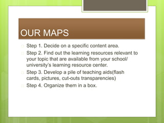 OUR MAPS
 Step 1. Decide on a specific content area.
 Step 2. Find out the learning resources relevant to
your topic that are available from your school/
university’s learning resource center.
 Step 3. Develop a pile of teaching aids(flash
cards, pictures, cut-outs transparencies)
 Step 4. Organize them in a box.
 