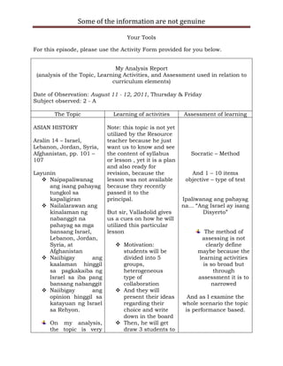 Some of the information are not genuine

                                   Your Tools

For this episode, please use the Activity Form provided for you below.


                               My Analysis Report
 (analysis of the Topic, Learning Activities, and Assessment used in relation to
                              curriculum elements)

Date of Observation: August 11 - 12, 2011, Thursday & Friday
Subject observed: 2 - A

       The Topic             Learning of activities       Assessment of learning

ASIAN HISTORY              Note: this topic is not yet
                           utilized by the Resource
Aralin 14 – Israel,        teacher because he just
Lebanon, Jordan, Syria,    want us to know and see
Afghanistan, pp. 101 –     the content of syllabus           Socratic – Method
107                        or lesson , yet it is a plan
                           and also ready for
Layunin                    revision, because the             And 1 – 10 items
    Naipapaliwanag        lesson was not available        objective – type of test
     ang isang pahayag     because they recently
     tungkol sa            passed it to the
     kapaligiran           principal.                     Ipaliwanag ang pahayag
    Nailalarawan ang                                     na... “Ang Israel ay isang
     kinalaman ng          But sir, Valladolid gives              Disyerto”
     nabanggit na          us a cues on how he will
     pahayag sa mga        utilized this particular
     bansang Israel,       lesson                                  The method of
     Lebanon, Jordan,                                            assessing is not
     Syria, at                 Motivation:                        clearly define
     Afghanistan                students will be                maybe because the
    Naiibigay       ang        divided into 5                  learning activities
     kaalaman hinggil           groups,                           is so broad but
     sa pagkakaiba ng           heterogeneous                         through
     Israel sa iba pang         type of                         assessment it is to
     bansang nabanggit          collaboration                        narrowed
    Naiibigay       ang       And they will
     opinion hinggil sa         present their ideas         And as I examine the
     katayuan ng Israel         regarding their           whole scenario the topic
     sa Rehyon.                 choice and write           is performance based.
                                down in the board
      On my analysis,          Then, he will get
      the topic is very         draw 3 students to
 
