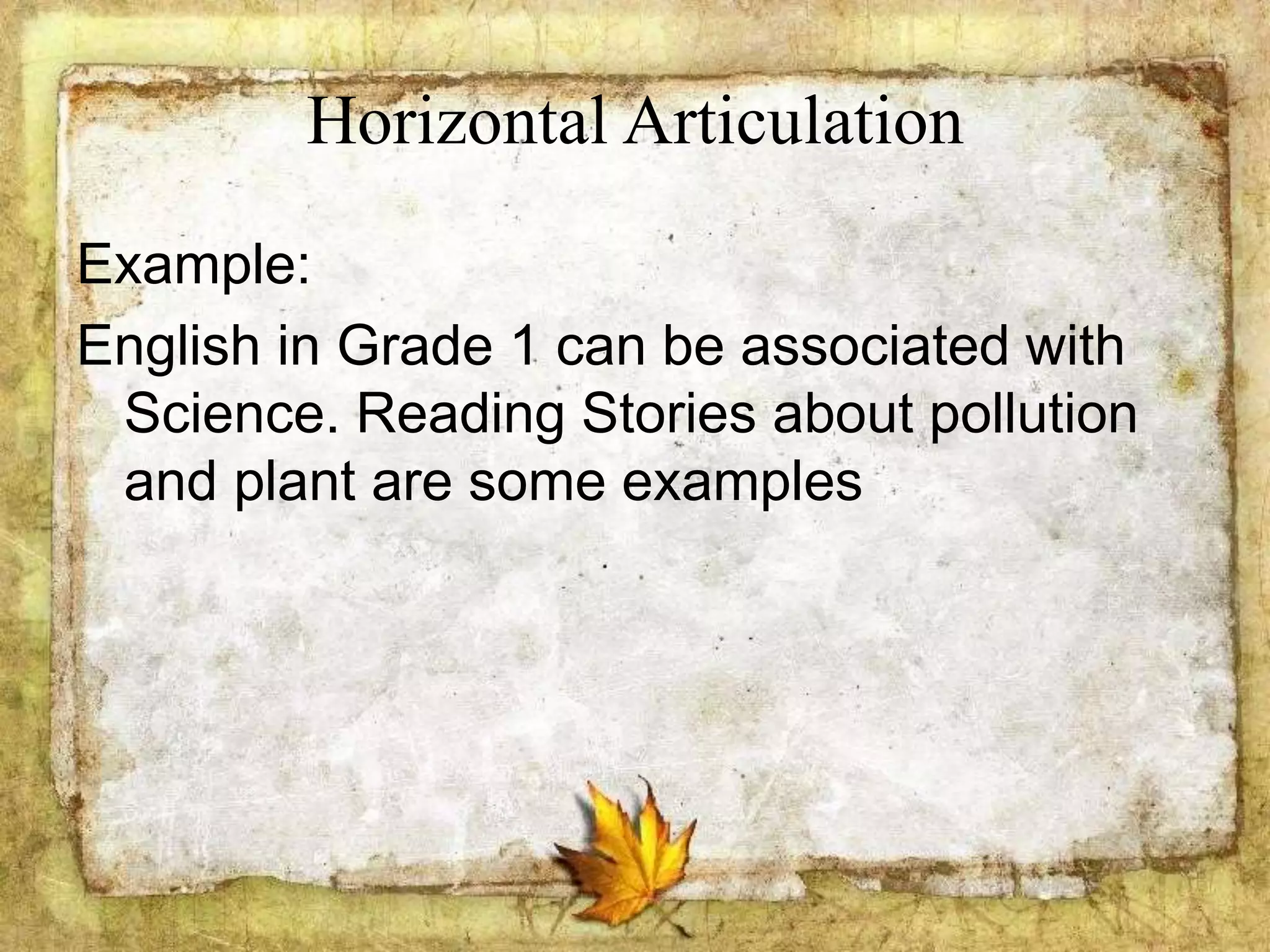 Horizontal Articulation
Example:
English in Grade 1 can be associated with
Science. Reading Stories about pollution
and plant are some examples
 