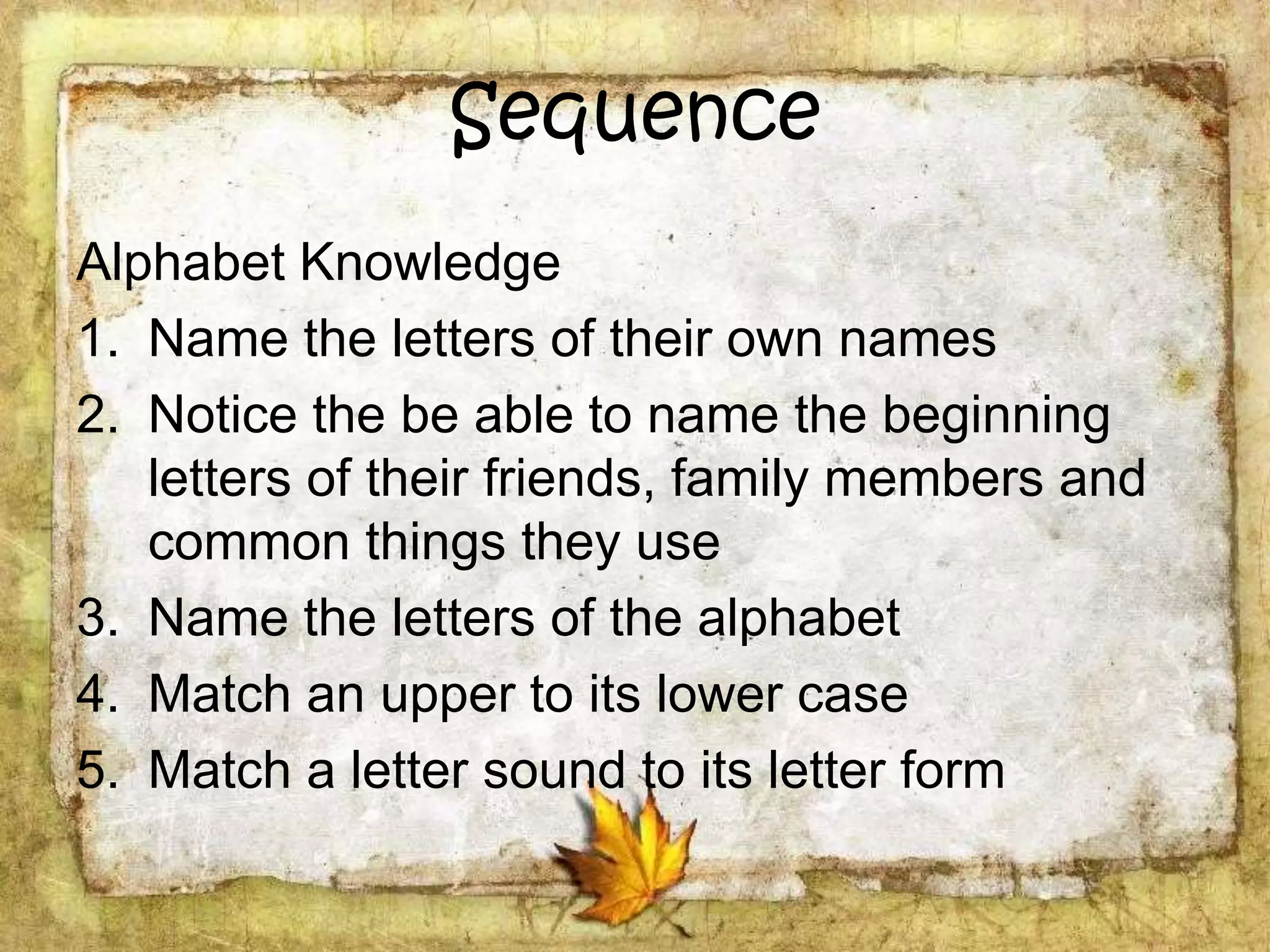 Sequence
Alphabet Knowledge
1. Name the letters of their own names
2. Notice the be able to name the beginning
letters of their friends, family members and
common things they use
3. Name the letters of the alphabet
4. Match an upper to its lower case
5. Match a letter sound to its letter form
 