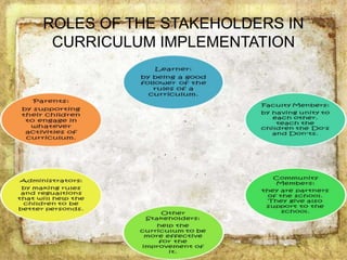 ROLES OF THE STAKEHOLDERS IN
CURRICULUM IMPLEMENTATION
 