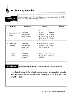 FIELD STUDY 4 - Exploring The Curriculum
My Learning Activities
Name (s) Designation Meaning Signature
1. Makmood Iserail
Jallao
Zamboanga
National High
School (Student)
 Curriculum is the set of
school academic
program in specific
principle. It is a set of
blue print of intended
learning.
2. Dexter John
Francisco
Zamboanga
National High
School West
(Student)
 Curriculum is a set of
subjects that students
need to achieve.
3. Kristine B.
Carpio
Ateneo De
Zamboanga
(Student)
 The courses that are
taught by a school or
college.
(After analyzing the results of the interview, what can you conclude?)
 I conclude that curriculum has the great impact on education aspects.
Also we have different definition of curriculum but it has the same
taught or idea.
Activity 1
Interview people from different schools in various disciplines and levels. Get
their opinions on the meaning of curriculum.
Conclusions
 