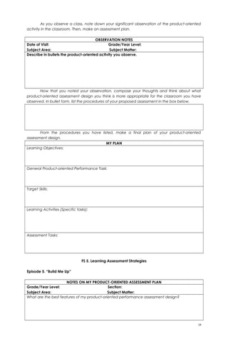 As you observe a class, note down your significant observation of the product-oriented
activity in the classroom. Then, make an assessment plan.
OBSERVATION NOTES
Date of Visit: Grade/Year Level:
Subject Area: Subject Matter:
Describe in bullets the product-oriented activity you observe.
Now that you noted your observation, compose your thoughts and think about what
product-oriented assessment design you think is more appropriate for the classroom you have
observed. In bullet form, list the procedures of your proposed assessment in the box below.
From the procedures you have listed, make a final plan of your product-oriented
assessment design.
MY PLAN
Learning Objectives:
General Product-oriented Performance Task:
Target Skills:
Learning Activities (Specific tasks):
Assessment Tasks:
FS 5. Learning Assessment Strategies
Episode 5. “Build Me Up”
NOTES ON MY PRODUCT-ORIENTED ASSESSMENT PLAN
Grade/Year Level: Section:
Subject Area: Subject Matter:
What are the best features of my product-oriented performance assessment design?
14
 