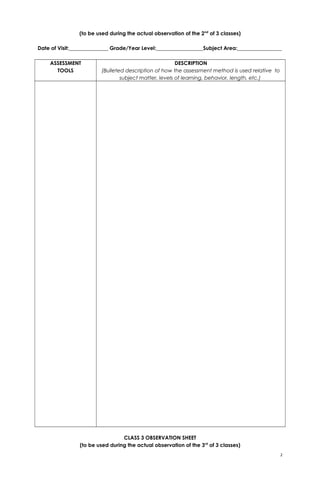 (to be used during the actual observation of the 2nd
of 3 classes)
Date of Visit:_______________ Grade/Year Level:__________________Subject Area:_________________
ASSESSMENT
TOOLS
DESCRIPTION
(Bulleted description of how the assessment method is used relative to
subject matter, levels of learning, behavior, length, etc.)
CLASS 3 OBSERVATION SHEET
(to be used during the actual observation of the 3rd
of 3 classes)
2
 
