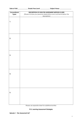 Date of Visit:_______________ Grade/Year Level: ______________ Subject Areas: _________________
Conventional
Types
DESCRIPTION OF HOW THE ASSESSMENT METHOD IS USED
(Please include your personal observations and comments below the
description)
1.
2.
3.
4.
5.
Please use separate sheet for additional entries
FS 5. Learning Assessment Strategies
Episode 1. “My Assessment List”
4
 