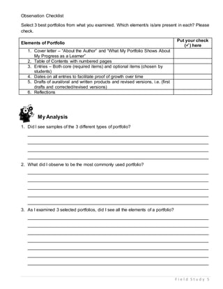 F i e l d S t u d y 5
Observation Checklist
Select 3 best portfolios from what you examined. Which element/s is/are present in each? Please
check.
Elements of Portfolio
Put your check
() here
1. Cover letter – “About the Author” and “What My Portfolio Shows About
My Progress as a Learner”
2. Table of Contents with numbered pages
3. Entries – Both core (required items) and optional items (chosen by
students)
4. Dates on all entries to facilitate proof of growth over time
5. Drafts of aural/oral and written products and revised versions, i.e. (first
drafts and corrected/revised versions)
6. Reflections
My Analysis
1. Did I see samples of the 3 different types of portfolio?
__________________________________________________________________________
__________________________________________________________________________
__________________________________________________________________________
__________________________________________________________________________
2. What did I observe to be the most commonly used portfolio?
__________________________________________________________________________
__________________________________________________________________________
__________________________________________________________________________
__________________________________________________________________________
__________________________________________________________________________
3. As I examined 3 selected portfolios, did I see all the elements of a portfolio?
__________________________________________________________________________
__________________________________________________________________________
__________________________________________________________________________
__________________________________________________________________________
__________________________________________________________________________
__________________________________________________________________________
__________________________________________________________________________
 