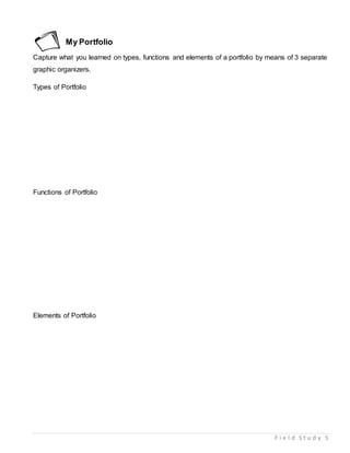 F i e l d S t u d y 5
My Portfolio
Capture what you learned on types, functions and elements of a portfolio by means of 3 separate
graphic organizers.
Types of Portfolio
Functions of Portfolio
Elements of Portfolio
 