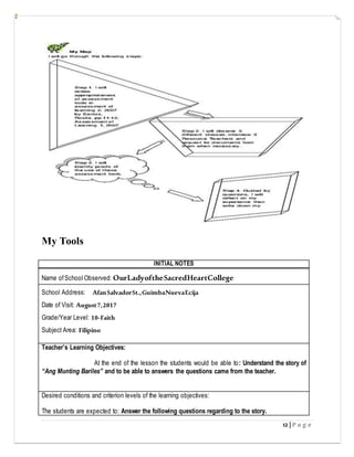 12 | P a g e
My Tools
INITIAL NOTES
Name ofSchool Observed: OurLadyoftheSacredHeartCollege
School Address: AfanSalvadorSt.,GuimbaNuevaEcija
Date of Visit: August7,2017
Grade/Year Level: 10-Faith
Subject Area: Filipino
Teacher’s Learning Objectives:
At the end of the lesson the students would be able to: Understand the story of
“Ang Munting Bariles” and to be able to answers the questions came from the teacher.
Desired conditions and criterion levels of the learning objectives:
The students are expected to: Answer the following questions regarding to the story.
 