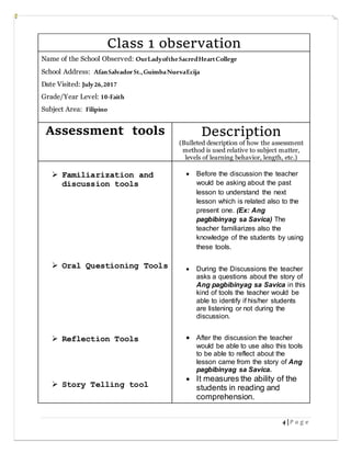 4 | P a g e
Class 1 observation
Name of the School Observed: OurLadyoftheSacredHeartCollege
School Address: AfanSalvadorSt.,GuimbaNuevaEcija
Date Visited: July26,2017
Grade/Year Level: 10-Faith
Subject Area: Filipino
Assessment tools Description
(Bulleted description of how the assessment
method is used relative to subject matter,
levels of learning behavior, length, etc.)
 Familiarization and
discussion tools
 Oral Questioning Tools
 Reflection Tools
 Story Telling tool
 Before the discussion the teacher
would be asking about the past
lesson to understand the next
lesson which is related also to the
present one. (Ex: Ang
pagbibinyag sa Savica) The
teacher familiarizes also the
knowledge of the students by using
these tools.
 During the Discussions the teacher
asks a questions about the story of
Ang pagbibinyag sa Savica in this
kind of tools the teacher would be
able to identify if his/her students
are listening or not during the
discussion.
 After the discussion the teacher
would be able to use also this tools
to be able to reflect about the
lesson came from the story of Ang
pagbibinyag sa Savica.
 It measures the ability of the
students in reading and
comprehension.
 