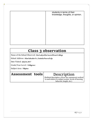 6 | P a g e
students in terms of their
knowledge, thoughts, or opinion.
Class 3 observation
Name of the School Observed: OurLadyoftheSacredHeartCollege
School Address: AfanSalvador St.,GuimbaNuevaEcija
Date Visited: July26,2017
Grade/Year Level: 7-Diligence
Subject Area: Filipino
Assessment tools Description
(Bulleted description of how the assessment method
is used relative to subject matter, levels of learning
behavior, length, etc.)
 