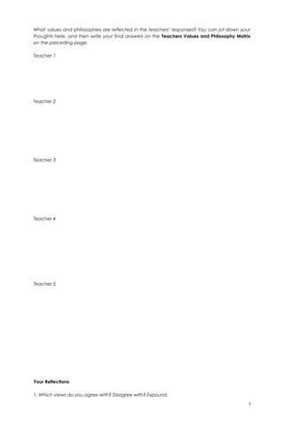 What values and philosophies are reflected in the teachers’ responses? You can jot down your
thoughts here, and then write your final answers on the Teachers Values and Philosophy Matrix
on the preceding page.
Teacher 1
Teacher 2
Teacher 3
Teacher 4
Teacher 5
Your Reflections
1. Which views do you agree with? Disagree with? Expound.
3
 