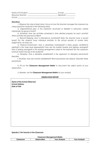 Name of FS Student: ____________________________________ Course: _____________
Resource Teacher: _____________________________________ Signature: ___________
School: _____________________________________________________________________
Directions:
1. Observe the class at least twice. Focus on how the teacher manages the classroom by
using supportive measures in the following areas:
a. Organizational plan. Is the classroom structured or flexible? Is instruction carried
individually, by group or both?
b. Schedule. How are activities scheduled is time allotted properly for each activity?
What activities are planned as fillers?
c. Record Keeping. How is attendance monitored? Does the teacher have a record
book? Do the students have individual portfolio to file actual records of scored tests,
assignments, art work, etc.
d. Physical Environment. How is cleanliness maintained? Is there proper ventilation?
Lighting? Is the noise level appropriate? How are the bulletin boards and displays arranged?
How is seating arranged? Is the seating arrangement suited to the learners? Do the classroom
furniture match the size of the students?
e. Discipline. How is discipline established? Is the approach to discipline preventive?
Describe.
f. Routines. How are routines established? What procedures are inplace. Describe these
procedures.
2. Fill out the Classroom Management Matrix to document the salient points of your
observation.
3. Likewise, use the Classroom Management Matrix for your analysis.
OBSERVATION REPORT
Name of the School Observed
School Address
Date of Visit
Episode 2. The Teacher in the Classroom
Classroom Management Matrix
Classroom Observation Your Analysis Your Analysis
5
 