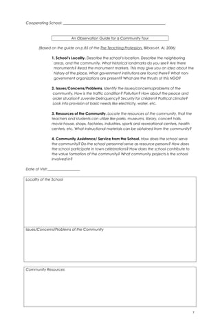 Cooperating School: _________________________________________________________
An Observation Guide for a Community Tour
(Based on the guide on p.85 of the The Teaching Profession. Bilbao,et. Al, 2006)
1. School’s Locality. Describe the school’s location. Describe the neighboring
areas, and the community. What historical landmarks do you see? Are there
monuments? Read the monument markers. This may give you an idea about the
history of the place. What government institutions are found there? What non-
government organizations are present? What are the thrusts of this NGO?
2. Issues/Concerns/Problems. Identify the issues/concerns/problems of the
community. How is the traffic condition? Pollution? How about the peace and
order situation? Juvenile Delinquency? Security for children? Political climate?
Look into provision of basic needs like electricity, water, etc.
3. Resources of the Community. Locate the resources of the community, that the
teachers and students can utilize like parks, museums, library, concert halls,
movie house, shops, factories, industries, sports and recreational centers, health
centers, etc. What instructional materials can be obtained from the community?
4. Community Assistance/ Service from the School. How does the school serve
the community? Do the school personnel serve as resource persons? How does
the school participate in town celebrations? How does the school contribute to
the value formation of the community? What community projects is the school
involved in?
Date of Visit:__________________
Locality of the School
Issues/Concerns/Problems of the Community
Community Resources
7
 
