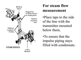 For steam flow
measurement
•Place taps to the side
of the line with the
transmitter mounted
below them,
•To ensure that the
impulse piping stays
filled with condensate.
 