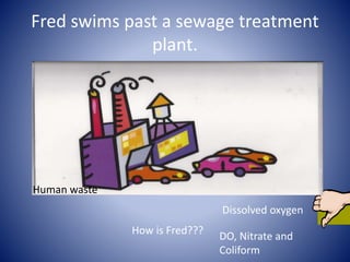 Fred swims past a sewage treatment
plant.
How is Fred???
Dissolved oxygen
Human waste
DO, Nitrate and
Coliform
 
