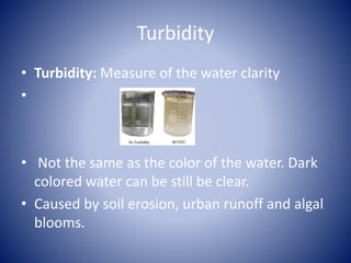 Turbidity
• Turbidity: Measure of the water clarity
•
• Not the same as the color of the water. Dark
colored water can be still be clear.
• Caused by soil erosion, urban runoff and algal
blooms.
 