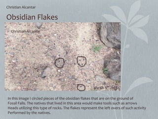 Obsidian Flakes
In this image I circled pieces of the obsidian flakes that are on the ground of
Fossil Falls. The natives that lived in this area would make tools such as arrows
Heads utilizing this type of rocks. The flakes represent the left overs of such activity
Performed by the natives.
Christian Alcantar
Christian Alcantar
March 9th 2013
 