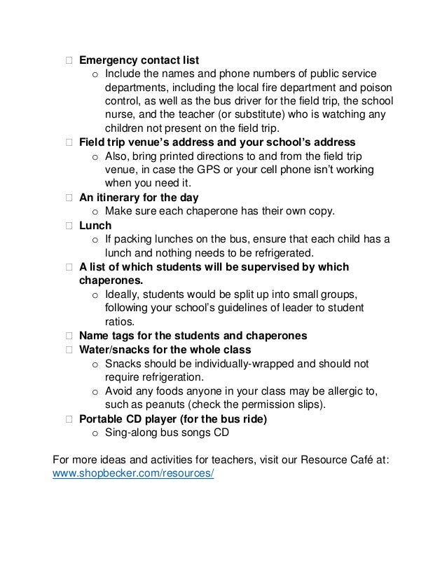 School Field Trip Checklist