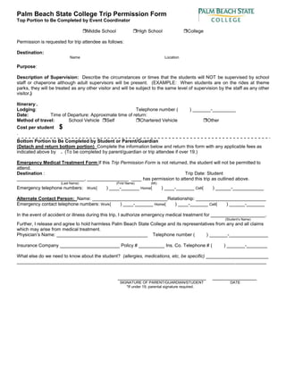 College Field Trip Permission Slip